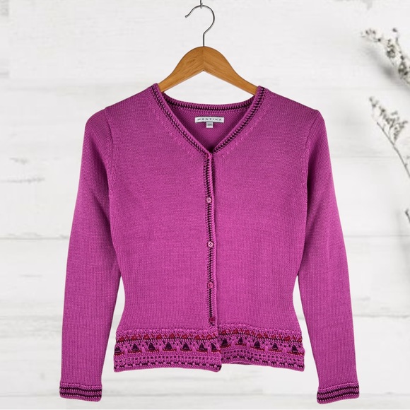 MASTINA Cardigan Wool Blend knitted Fuchsia Crochet Detail Sweater - Picture 13 of 14